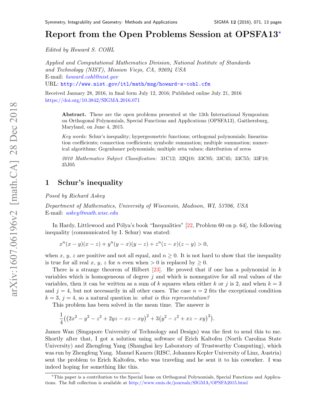 Arxiv:1607.06196V2 [Math.CA] 28 Dec 2018 K = 3, J = 4, So a Natural Question Is: What Is This Representation? This Problem Has Been Solved in the Mean Time