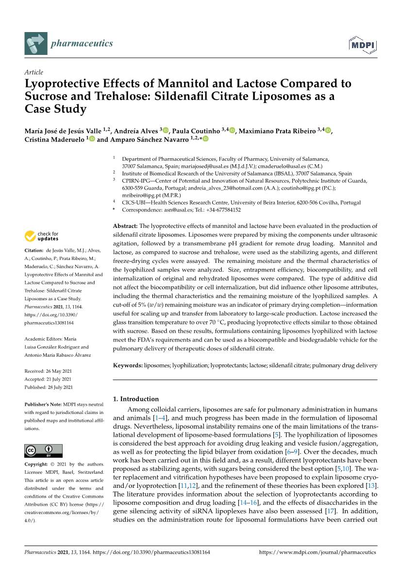 Lyoprotective Effects of Mannitol and Lactose Compared to Sucrose and Trehalose: Sildenaﬁl Citrate Liposomes As a Case Study