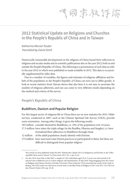 2012 Statistical Update on Religions and Churches in the People’S Republic of China and in Taiwan