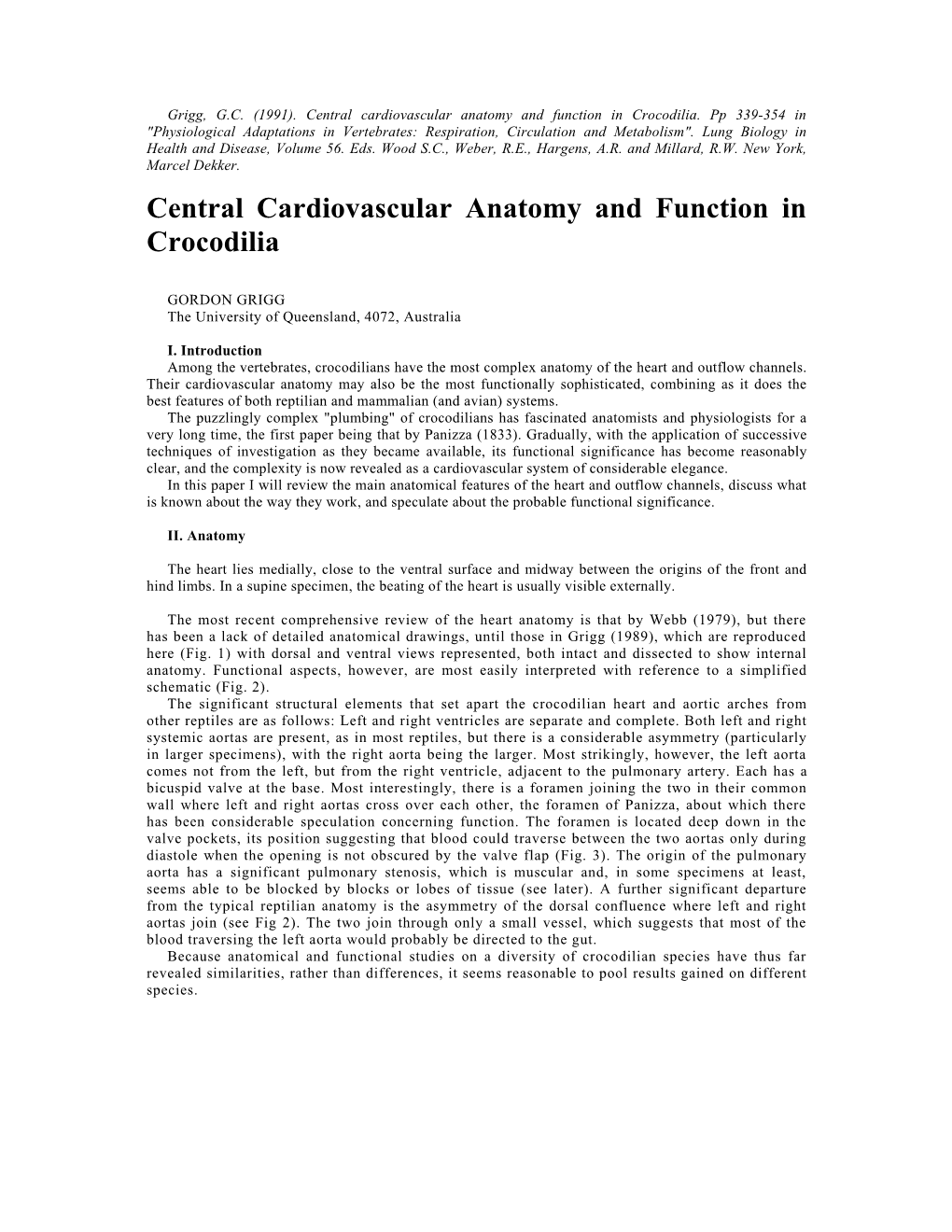 Central Cardiovascular Anatomy and Function in Crocodilia