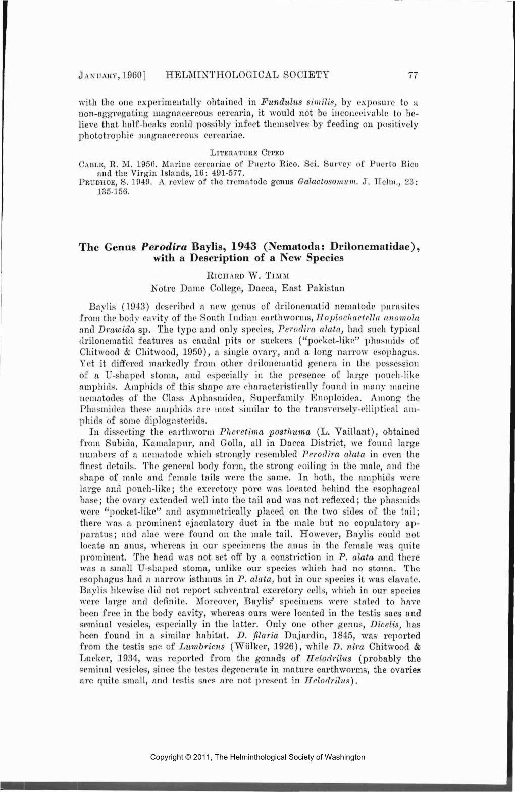 January, 1960] Helminthological Society 77