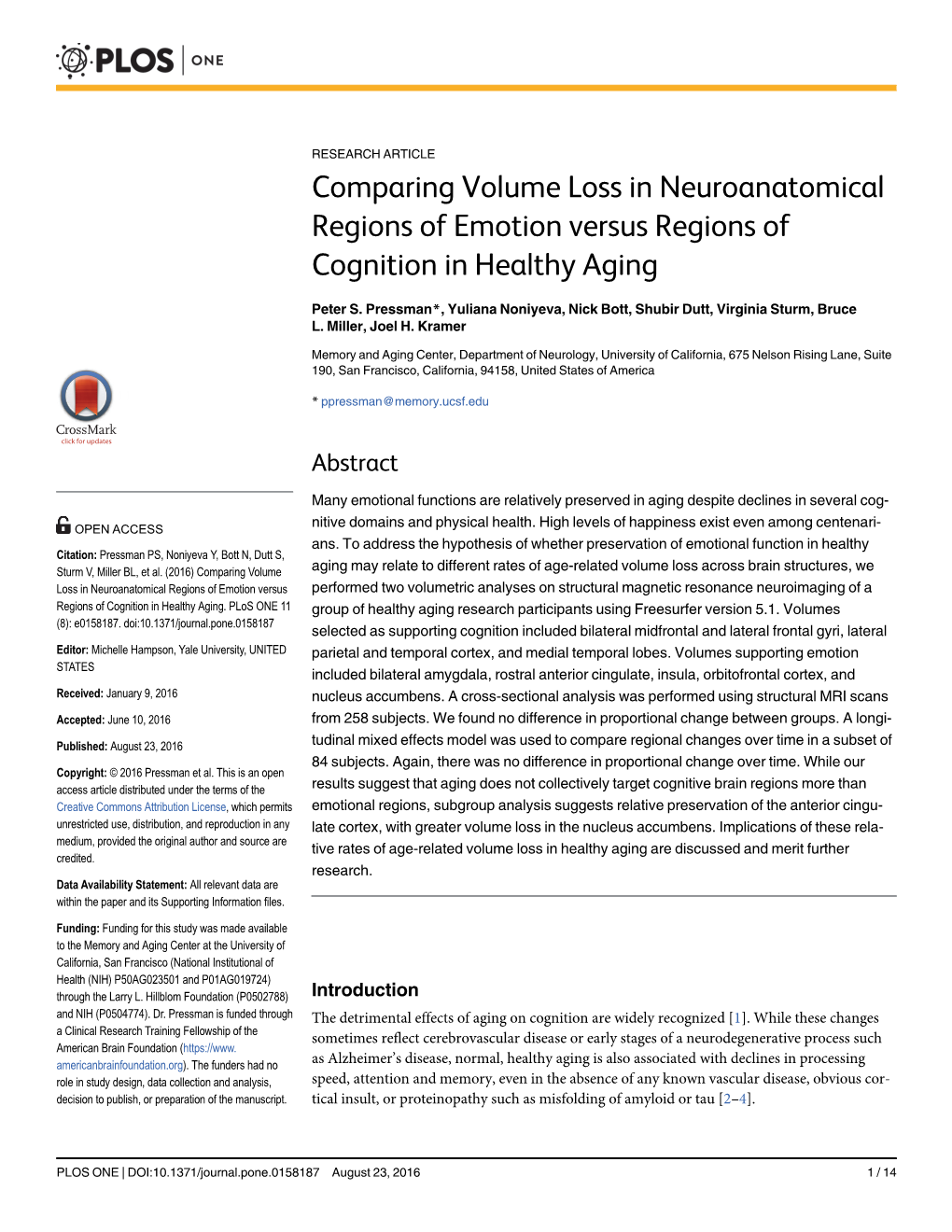 Comparing Volume Loss in Neuroanatomical Regions of Emotion Versus Regions of Cognition in Healthy Aging