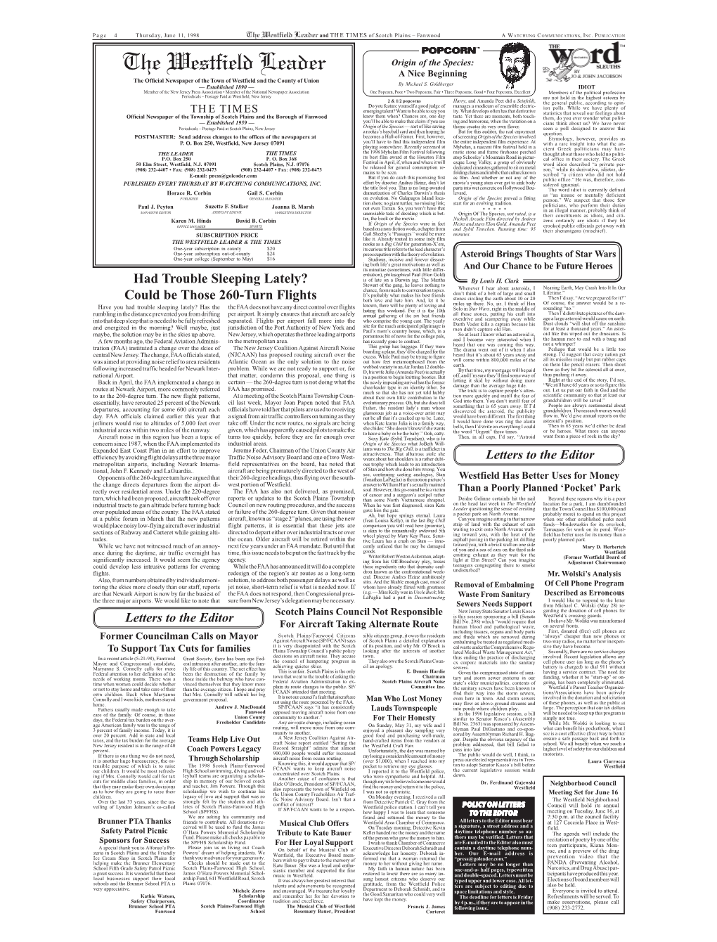 4 Thursday, June 11, 1998 the Westfield Leader and the TIMES of Scotch Plains – Fanwood a WATCHUNG COMMUNICATIONS, INC