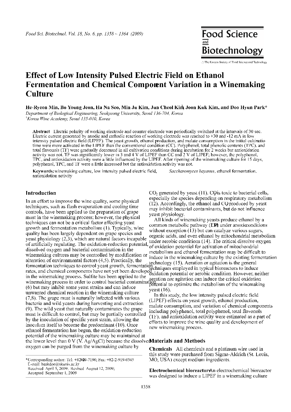 Effect of Low Intensity Pulsed Electric Field on Ethanol Fermentation and Chemical Component Variation in a Winemaking Culture