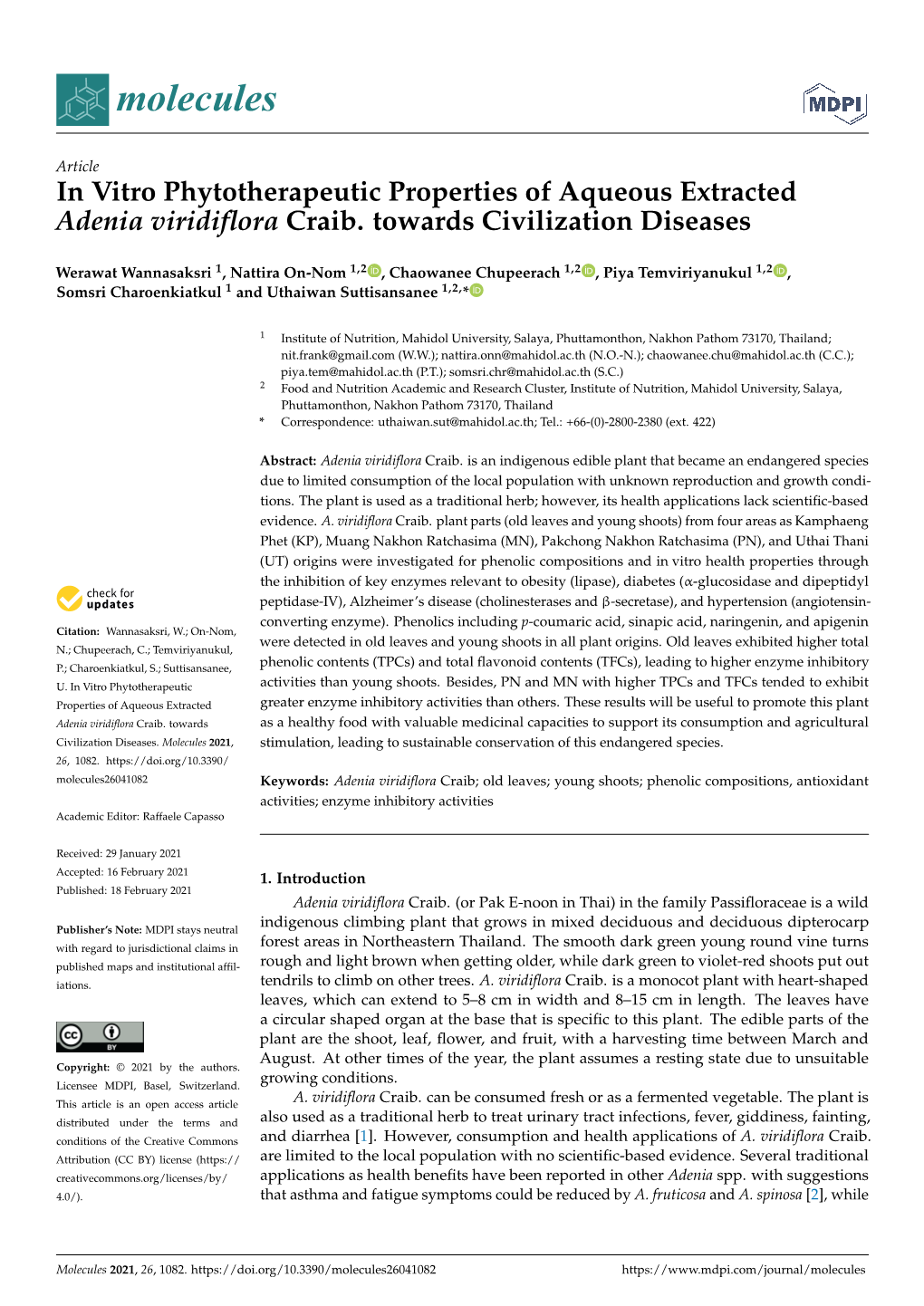 In Vitro Phytotherapeutic Properties of Aqueous Extracted Adenia Viridiflora Craib. Towards Civilization Diseases