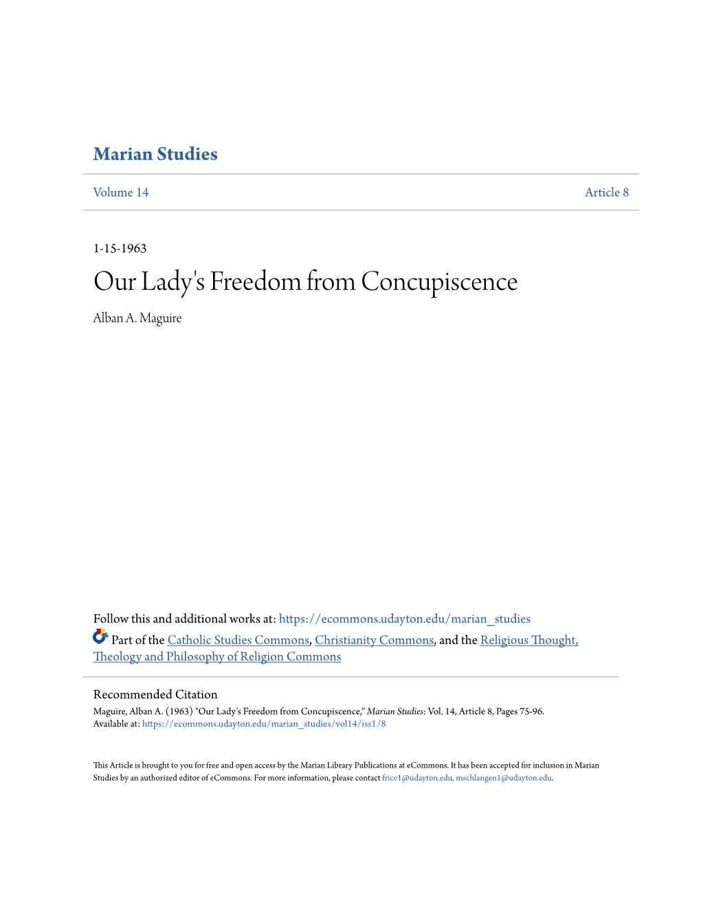 Our Lady's Freedom from Concupiscence Alban A