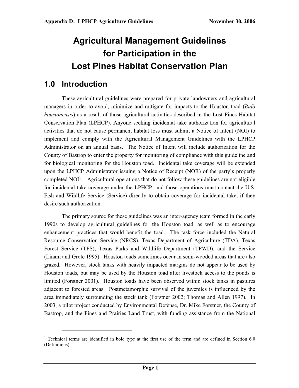 Agricultural Management Guidelines for Participation in the Lost Pines Habitat Conservation Plan