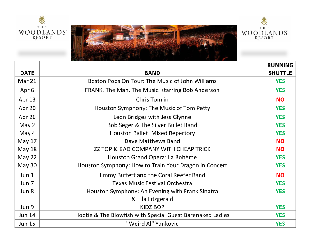 DATE BAND RUNNING SHUTTLE Mar 21 Boston Pops on Tour: The