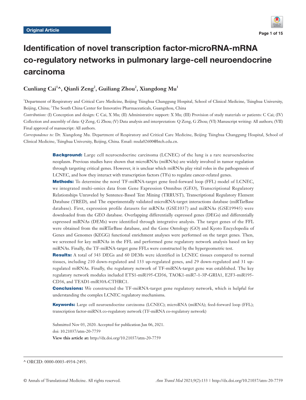 Identification of Novel Transcription Factor-Microrna-Mrna Co-Regulatory Networks in Pulmonary Large-Cell Neuroendocrine Carcinoma