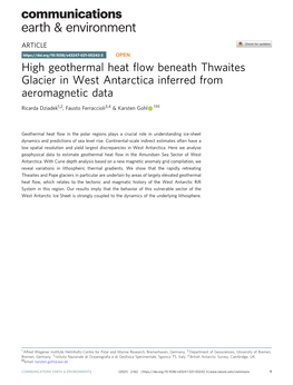 High Geothermal Heat Flow Beneath Thwaites Glacier in West Antarctica