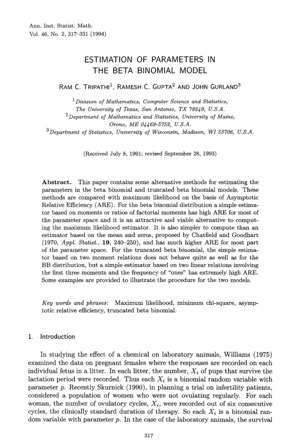 Estimation of Parameters in the Beta Binomial Model