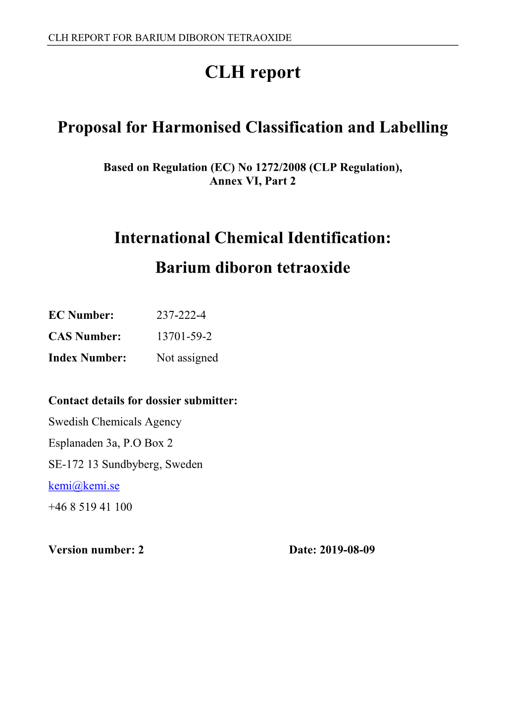 CLH Report Proposal for Harmonised Classification and Labelling