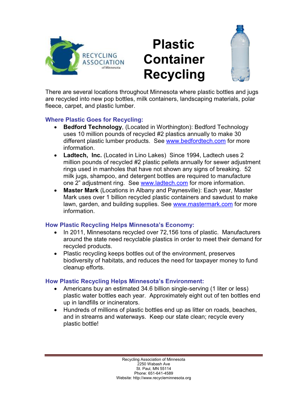 Plastic Container Recycling Fact Sheet