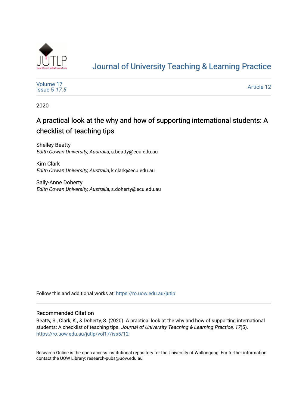 A Practical Look at the Why and How of Supporting International Students: a Checklist of Teaching Tips