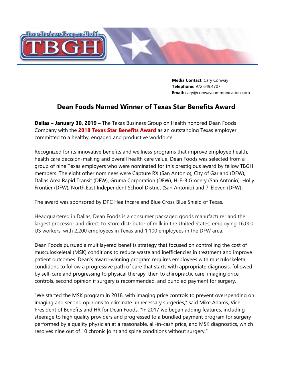 Dean Foods Named Winner of Texas Star Benefits Award