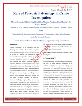 Role of Forensic Palynology in Crime Investigation Mayuri Kumari1,Mahipal Singh Sankhla1, Manisha Nandan1, Kirti Sharma2, Dr