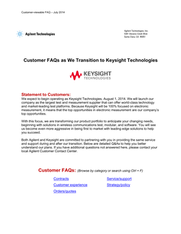 Customer Faqs As We Transition to Keysight Technologies