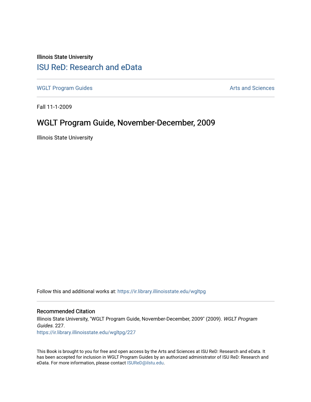 WGLT Program Guide, November-December, 2009