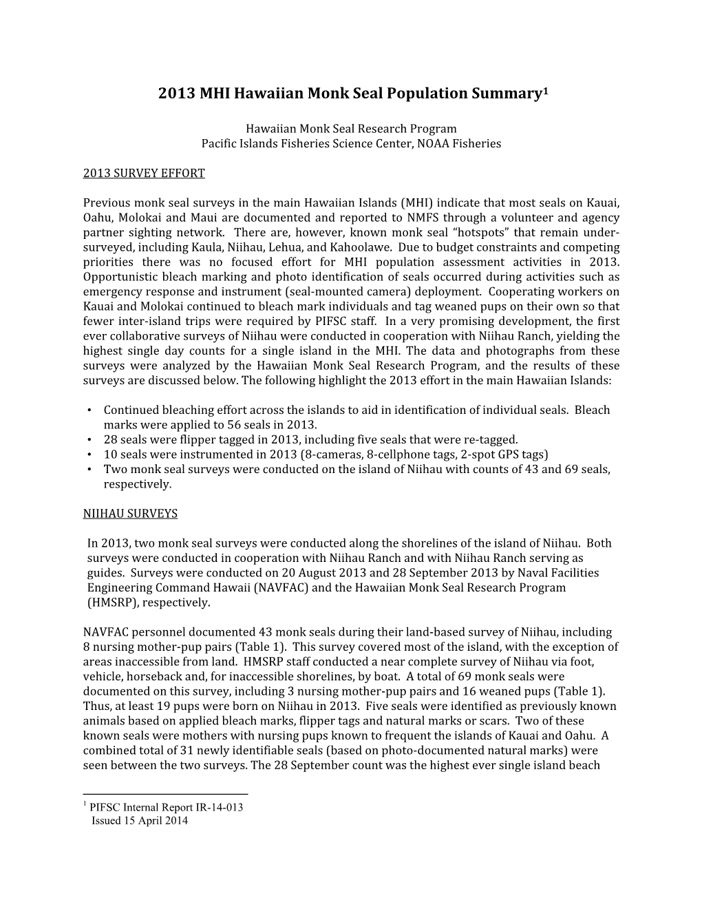 2013 MHI Hawaiian Monk Seal Population Summary1