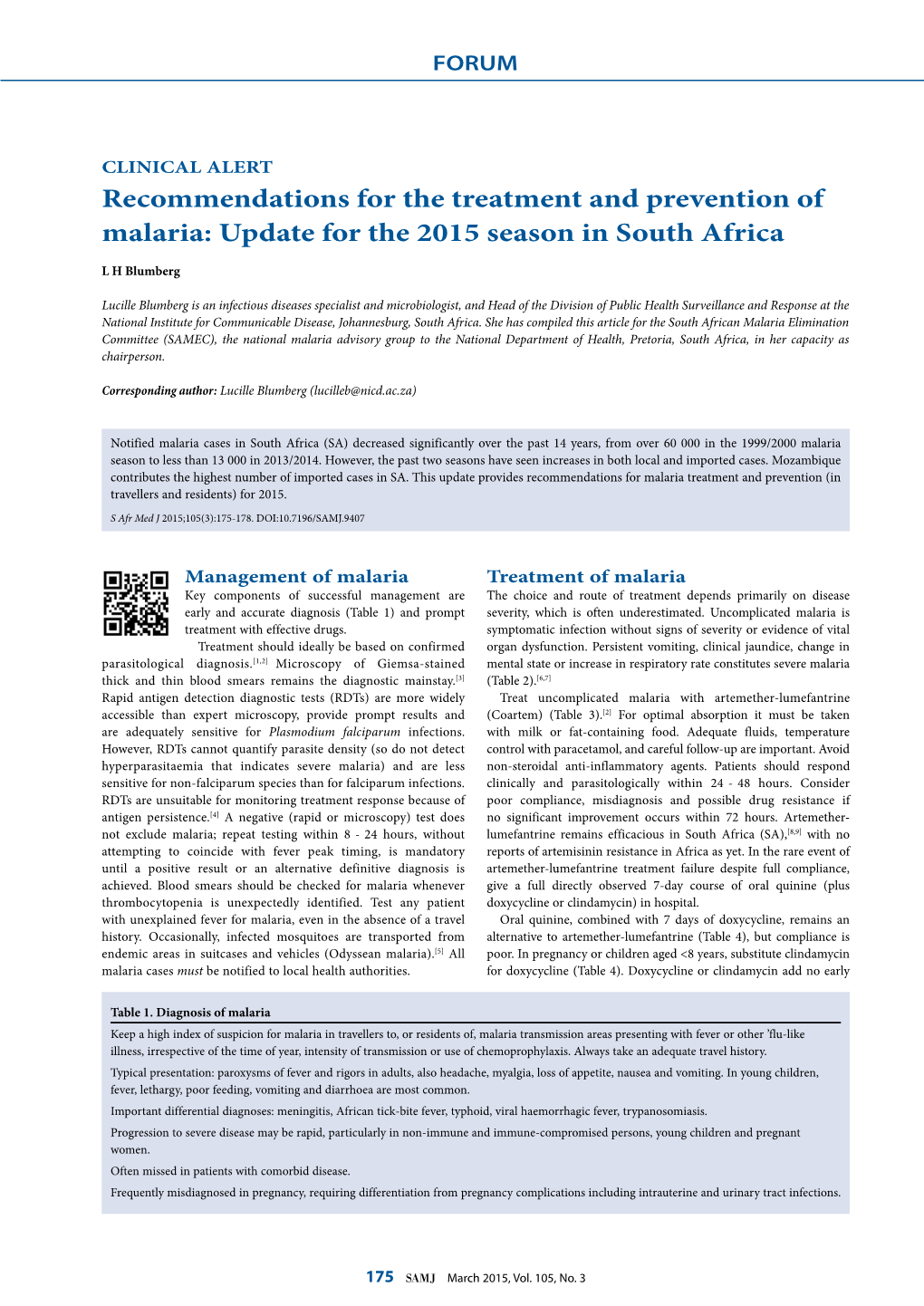 Recommendations for the Treatment and Prevention of Malaria : Update for the 2015 Season in South Africa: SAMJ March 2015 Vol 10