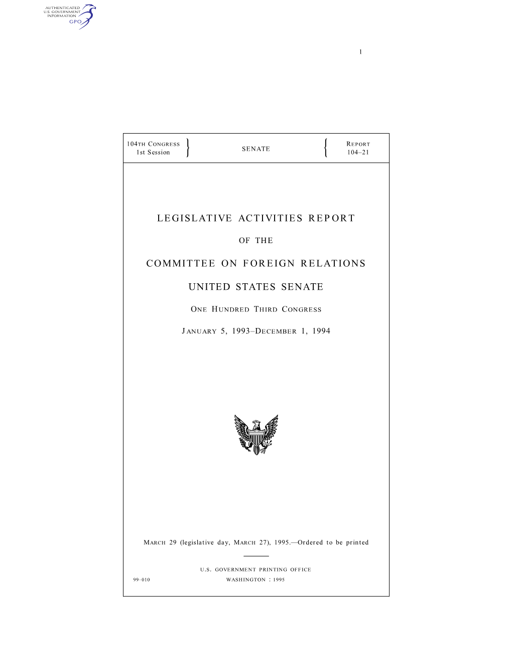 Legislative Activities Report Committee on Foreign Relations United States Senate