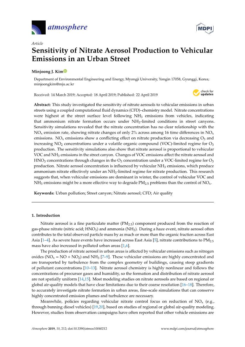 Sensitivity of Nitrate Aerosol Production to Vehicular Emissions in an Urban Street