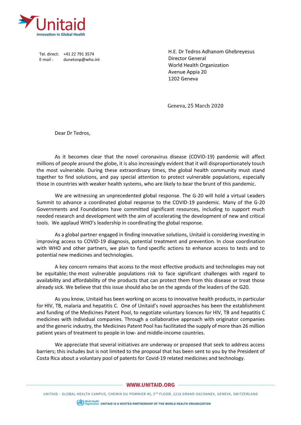 Unitaid's Open Letter to Dr Tedros Adhanom Ghebreyesus, Director