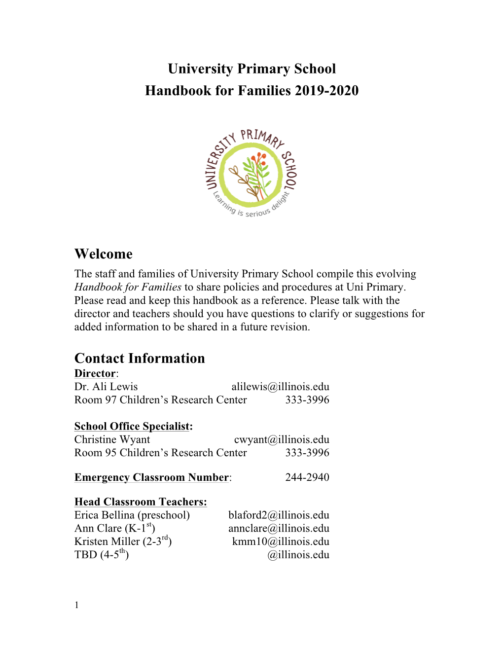 University Primary School Handbook for Families 2019-2020 Welcome