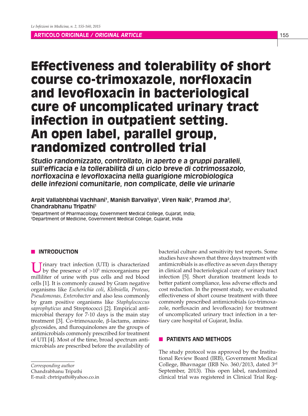 Effectiveness and Tolerability of Short Course Co-Trimoxazole, Norfloxacin