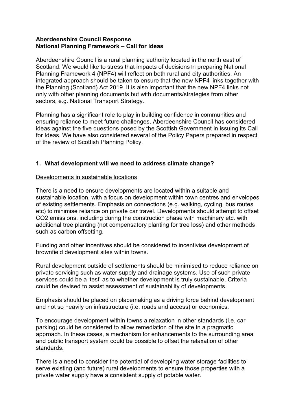 Aberdeenshire Council Response National Planning Framework – Call for Ideas