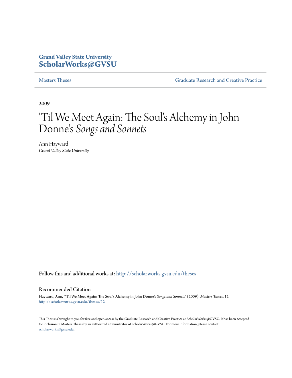 'Til We Meet Again: the Soul's Alchemy in John Donne's Songs