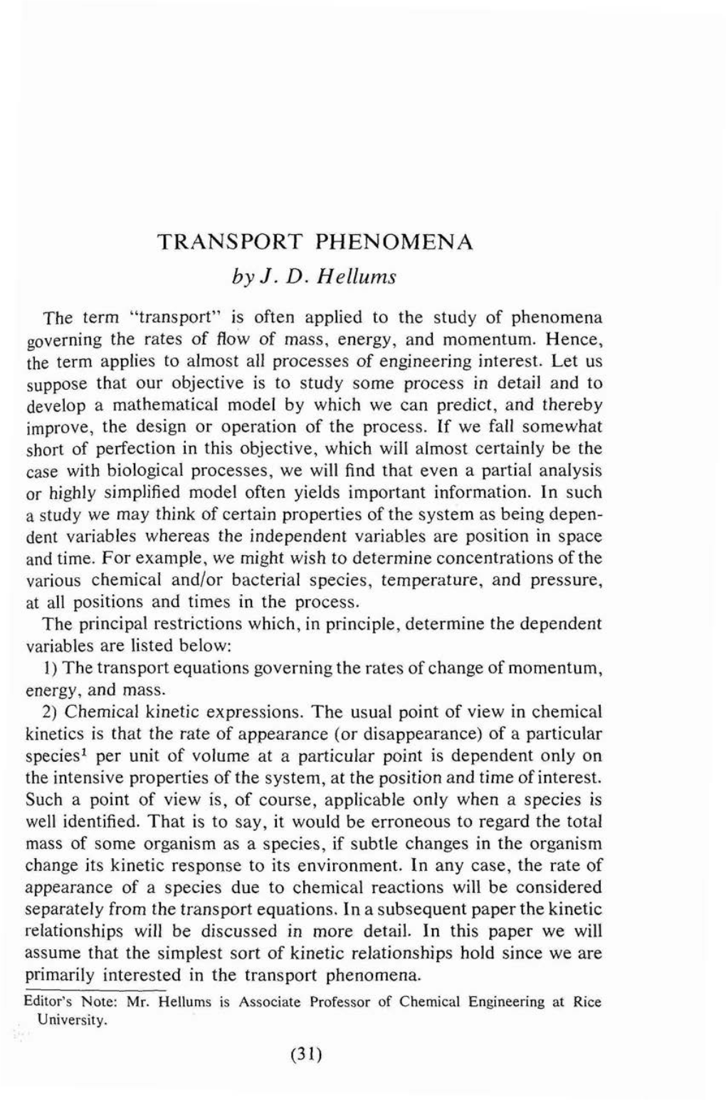 TRANSPORT PHENOMENA by J . D. Hellums