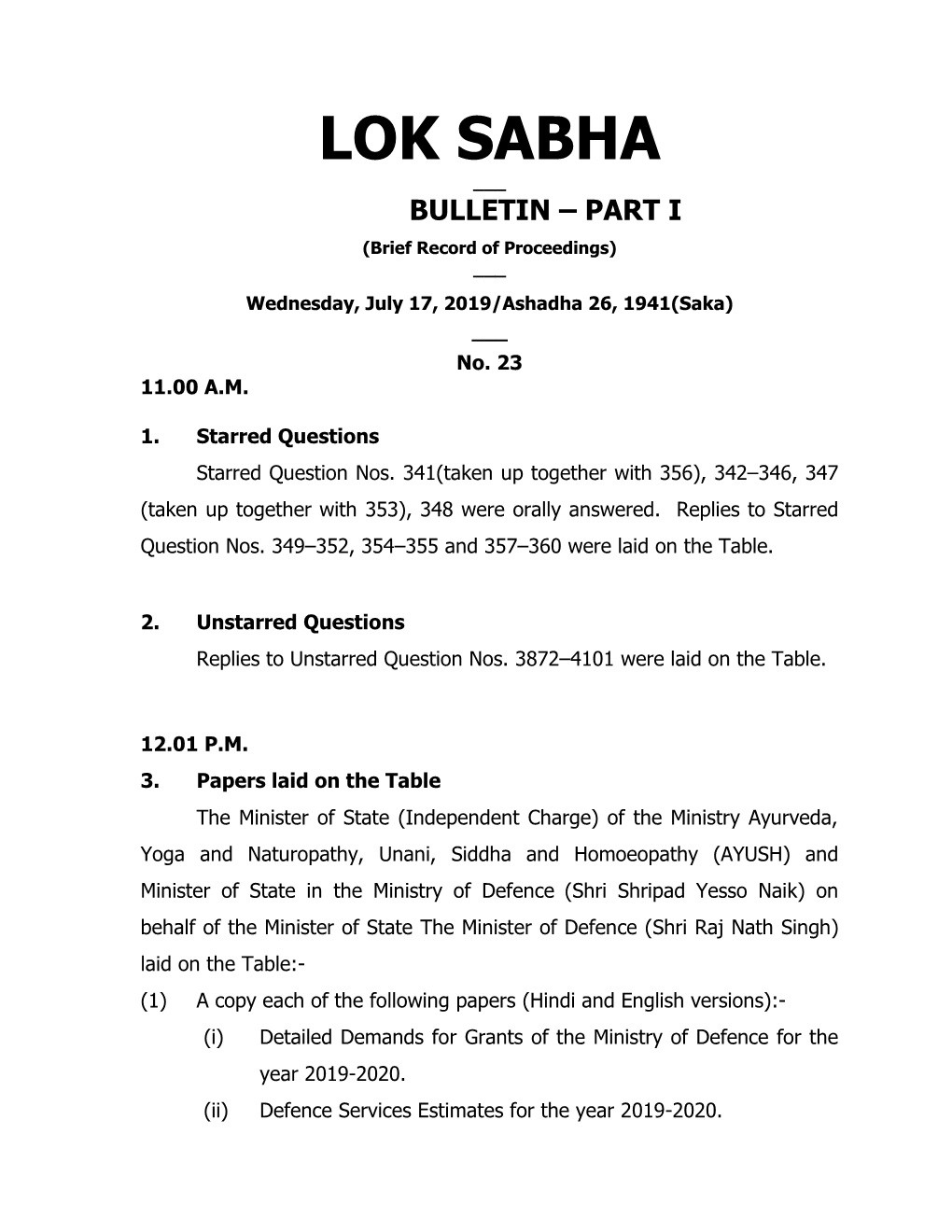 Lok Sabha ___ Bulletin – Part I