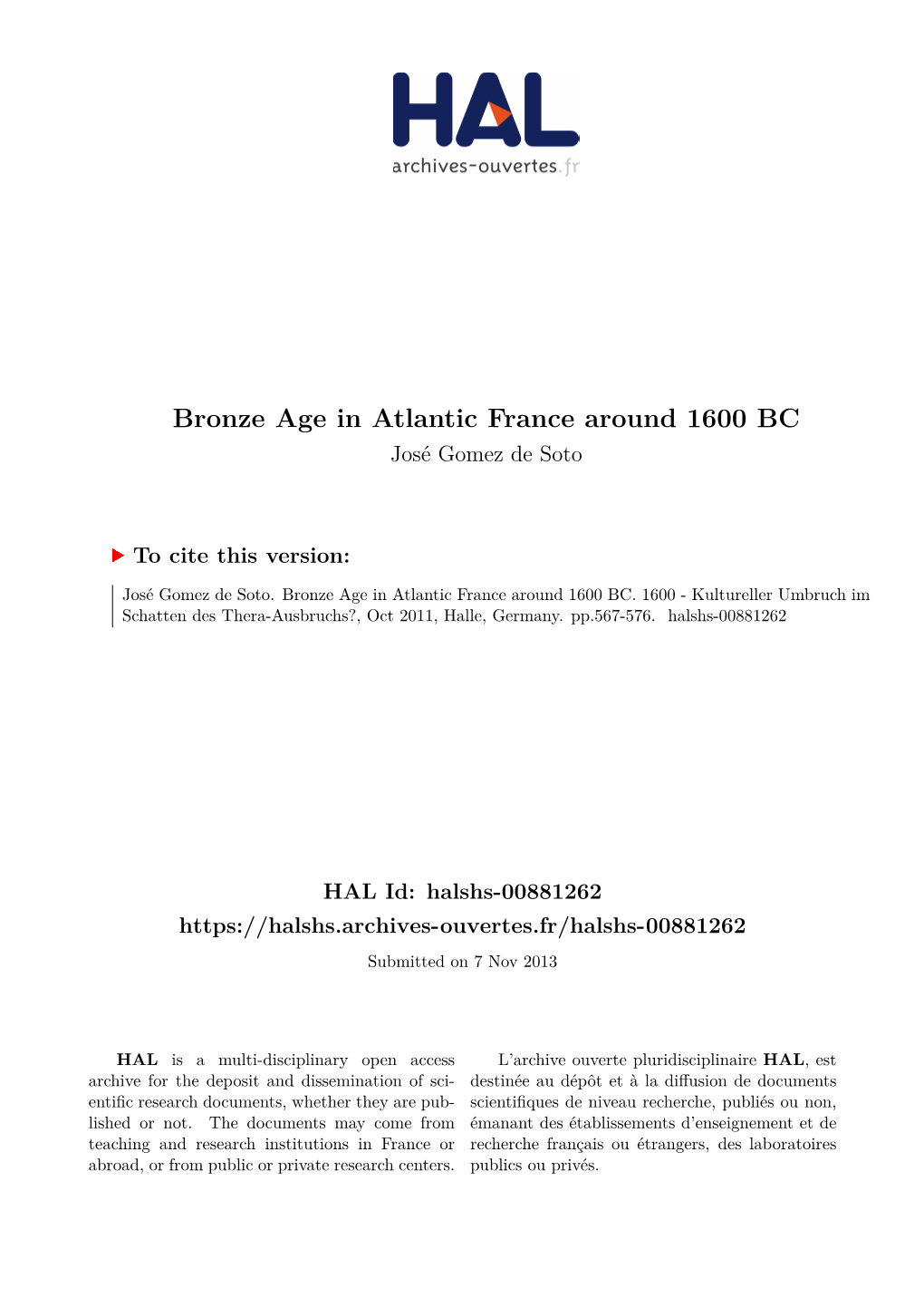 Bronze Age in Atlantic France Around 1600 BC José Gomez De Soto