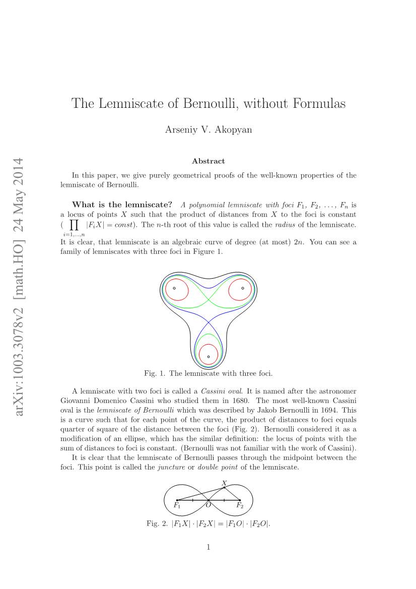 24 May 2014 the Lemniscate of Bernoulli, Without Formulas