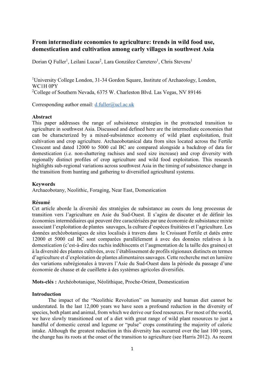 From Intermediate Economies to Agriculture: Trends in Wild Food Use, Domestication and Cultivation Among Early Villages in Southwest Asia