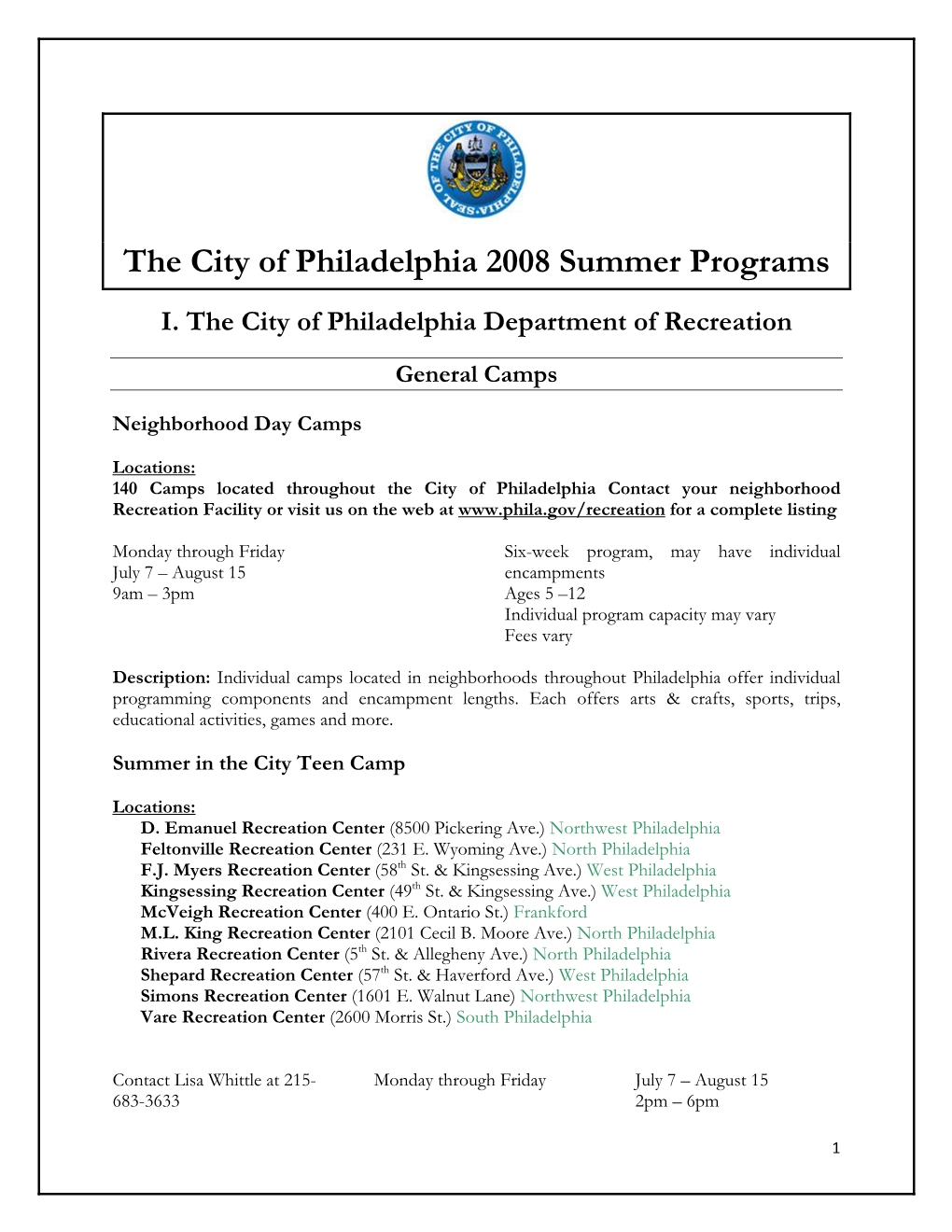 June 16Th Summer Program and Activity Phillystat Session