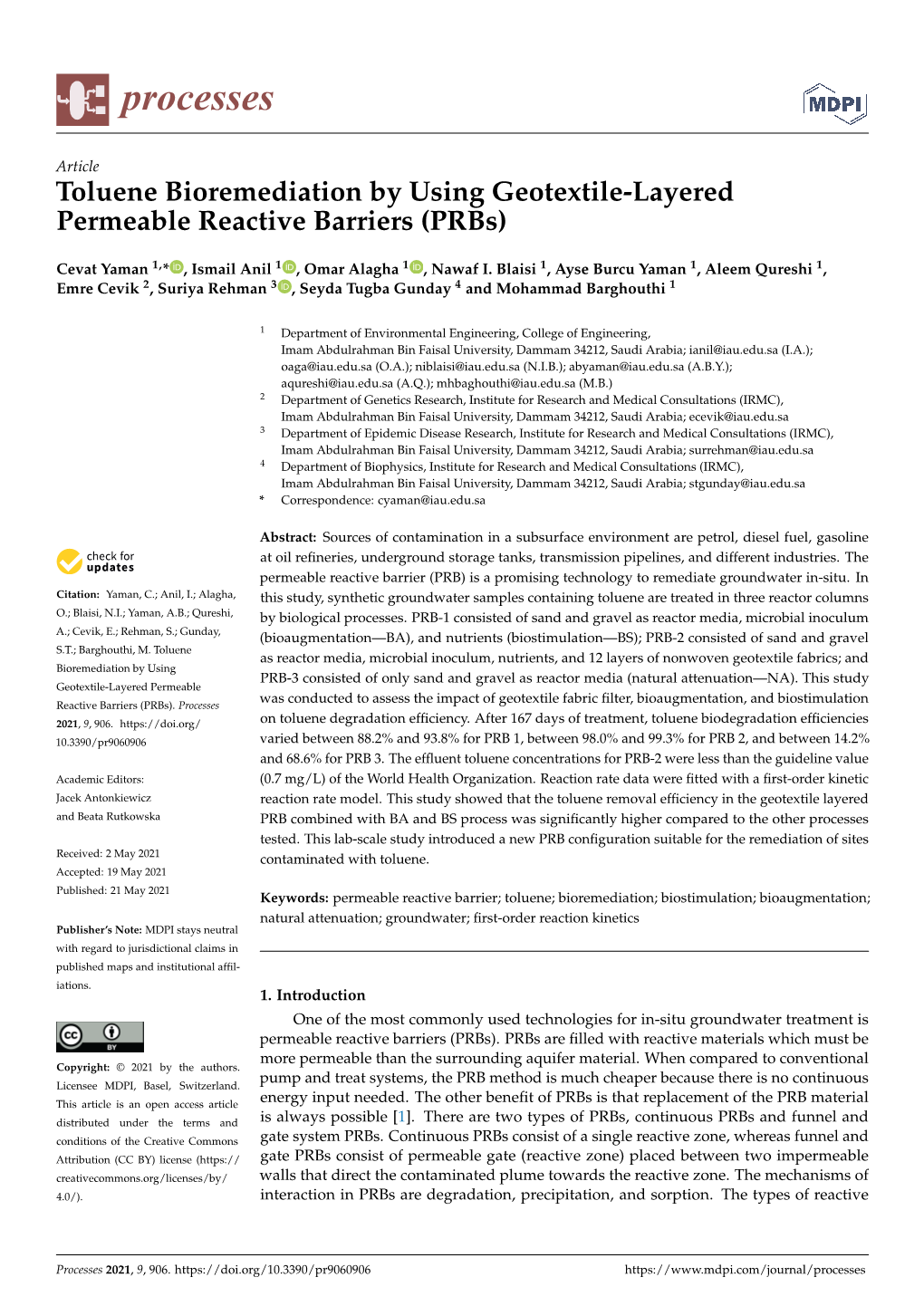 Toluene Bioremediation by Using Geotextile-Layered Permeable Reactive Barriers (Prbs)