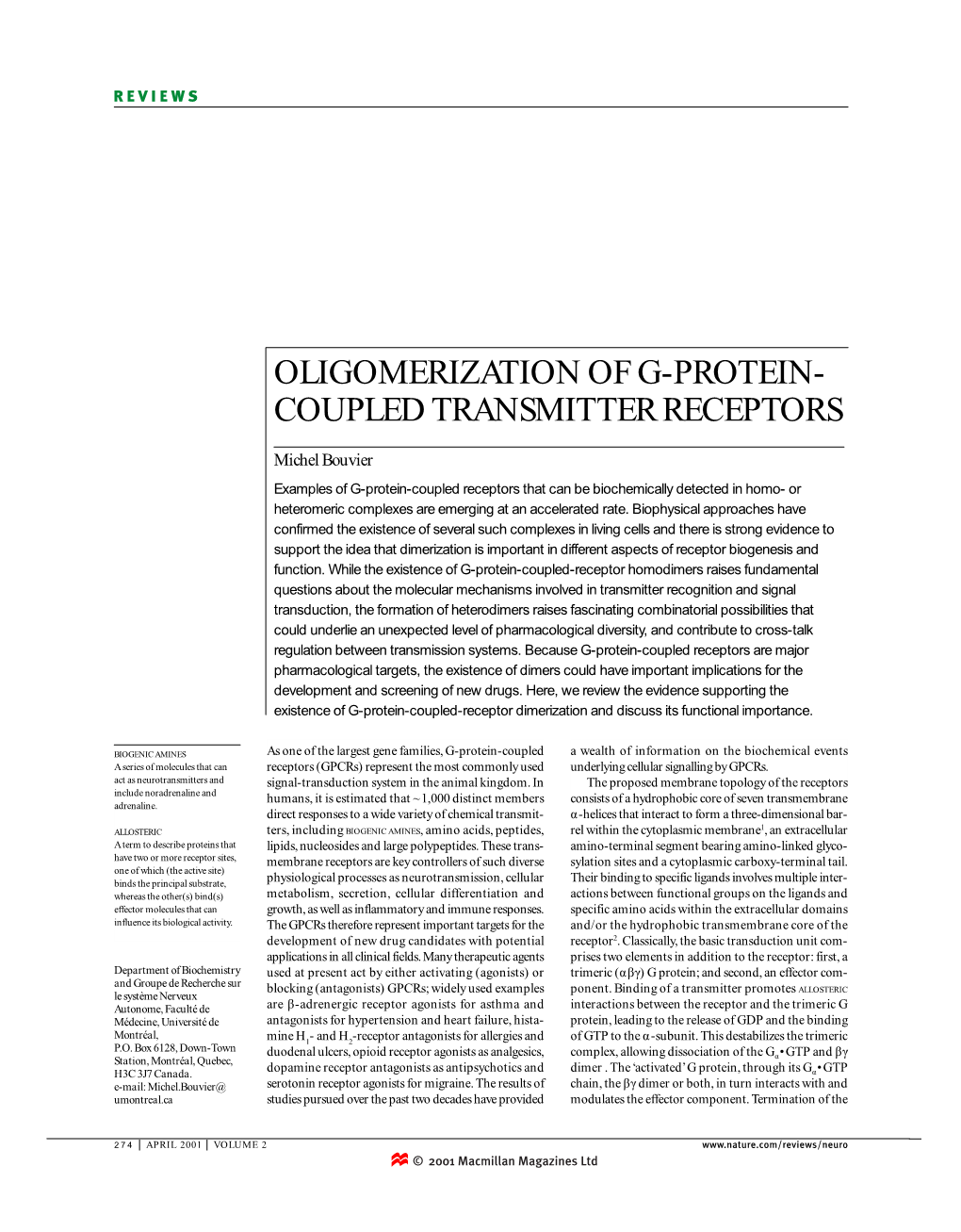 Oligomerization of G-Protein- Coupled Transmitter Receptors