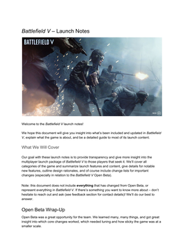 Battlefield V​– Launch Notes
