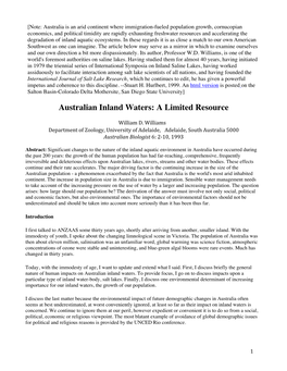 Australian Inland Waters: a Limited Resource