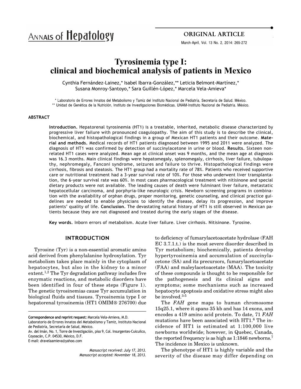Tyrosinemia Type I: Clinical and Biochemical Analysis of Patients in Mexico