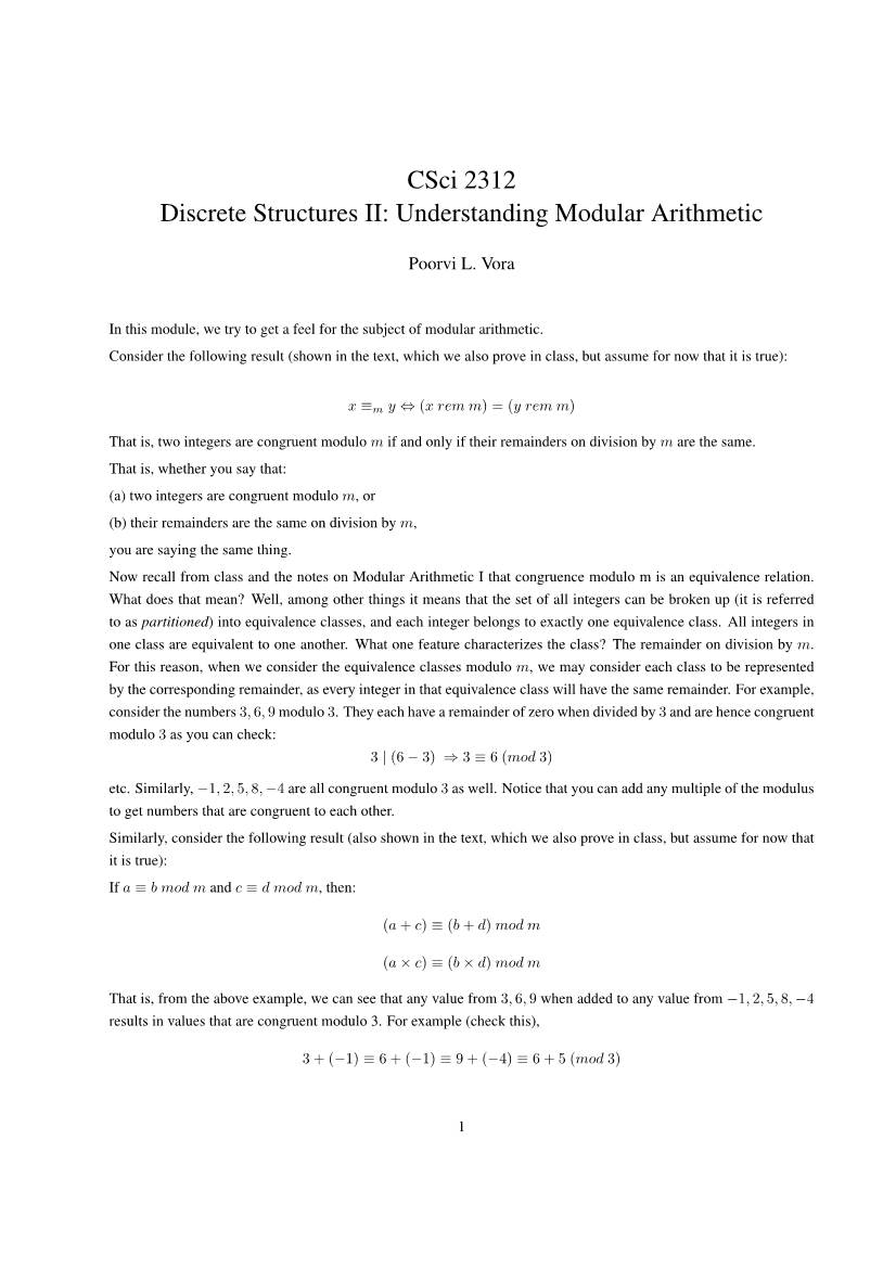 Csci 2312 Discrete Structures II: Understanding Modular Arithmetic
