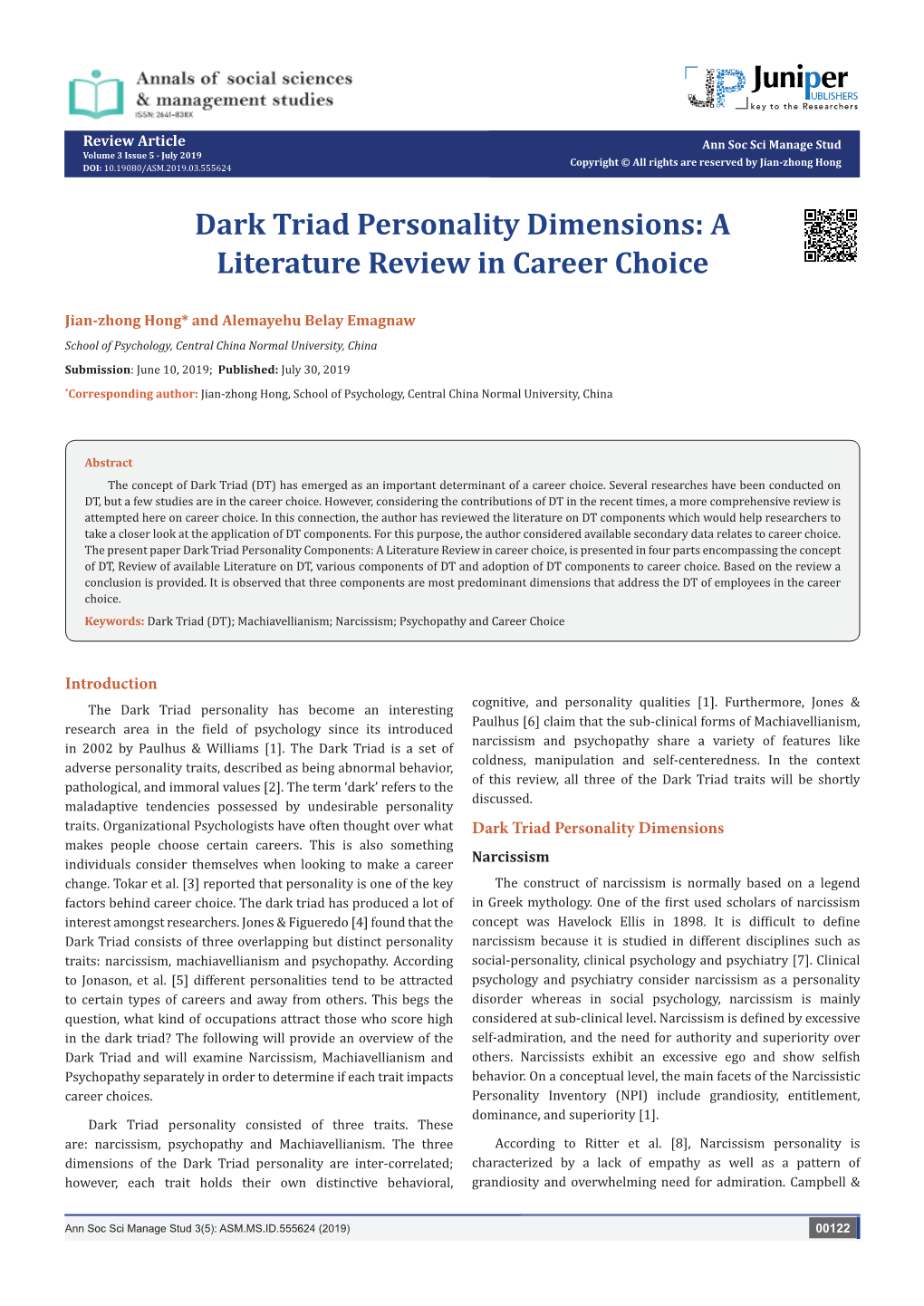 Dark Triad Personality Dimensions: a Literature Review in Career Choice