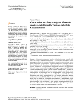 Characterization of Mycotoxigenic Alternaria Species Isolated from the Tunisian Halophyte Citation: A