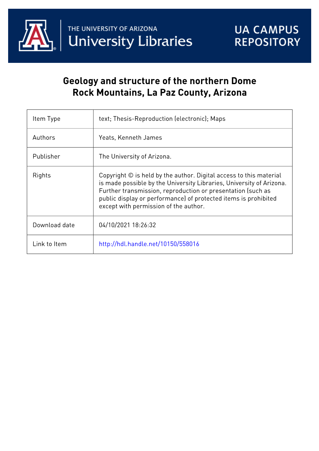 Geology and Structure of the Northern Dome Rock Mountains, La Paz County, Arizona