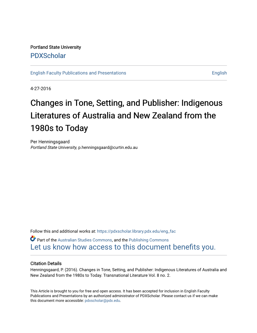 Indigenous Literatures of Australia and New Zealand from the 1980S to Today