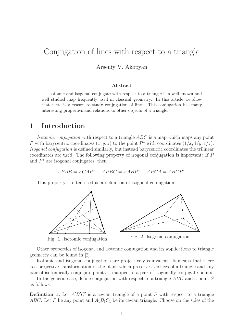 Conjugation of Lines with Respect to a Triangle