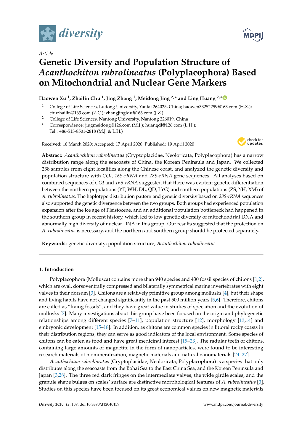 Genetic Diversity and Population Structure of Acanthochiton Rubrolineatus (Polyplacophora) Based on Mitochondrial and Nuclear Gene Markers