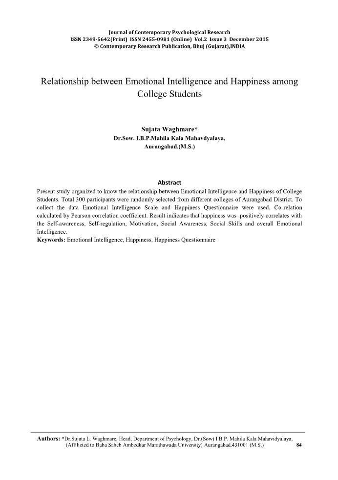 Relationship Between Emotional Intelligence and Happiness Among College Students